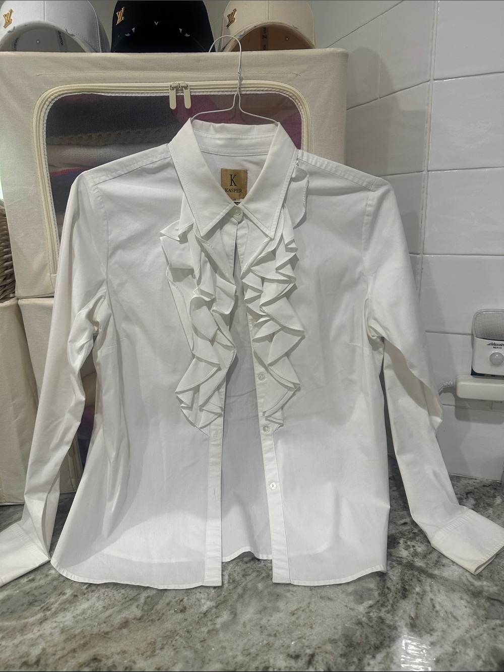 Kasper White Ruffle Front Button-Down Shirt